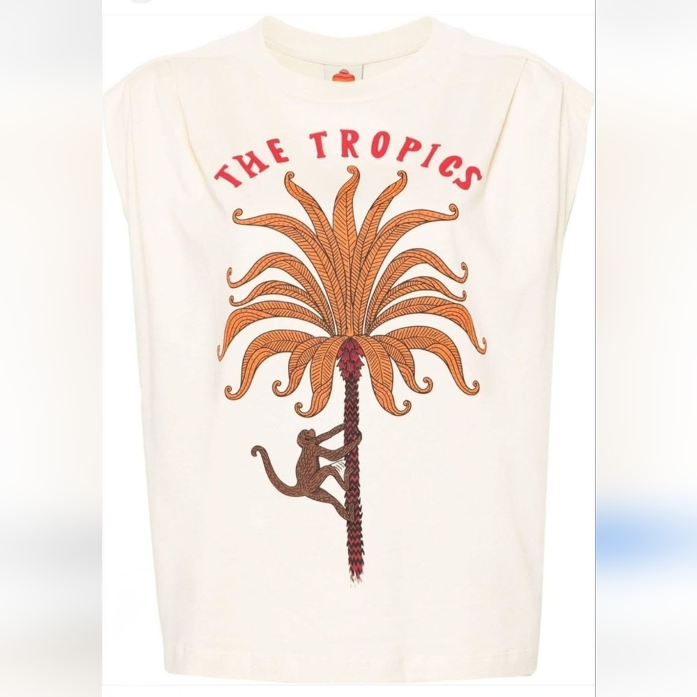 FARM RIO The Tropic Pleated Cream Brown Monkey Palm Cap Sleeve Top New XXS - Picture 6 of 8